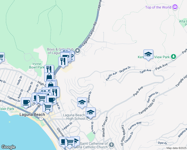 map of restaurants, bars, coffee shops, grocery stores, and more near 1345 Skyline Drive in Laguna Beach