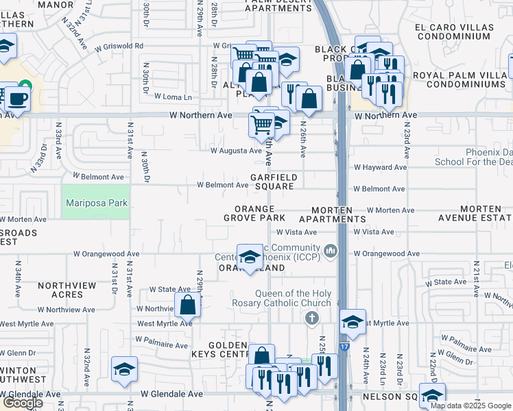 map of restaurants, bars, coffee shops, grocery stores, and more near 7600 North 27th Avenue in Phoenix