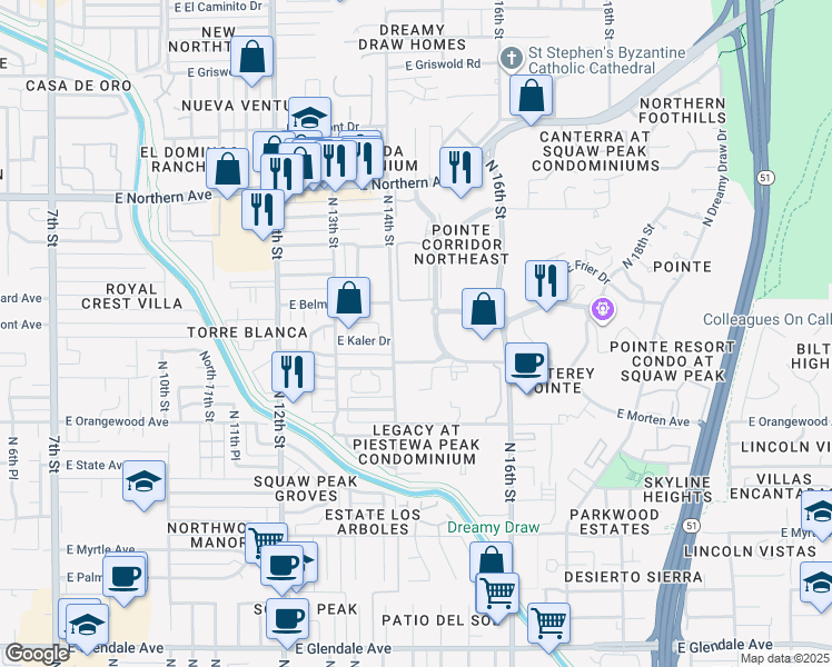 map of restaurants, bars, coffee shops, grocery stores, and more near 7878 North 16th Street in Phoenix