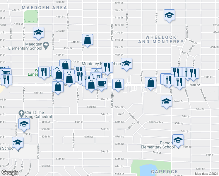 map of restaurants, bars, coffee shops, grocery stores, and more near 3401 50th Street in Lubbock