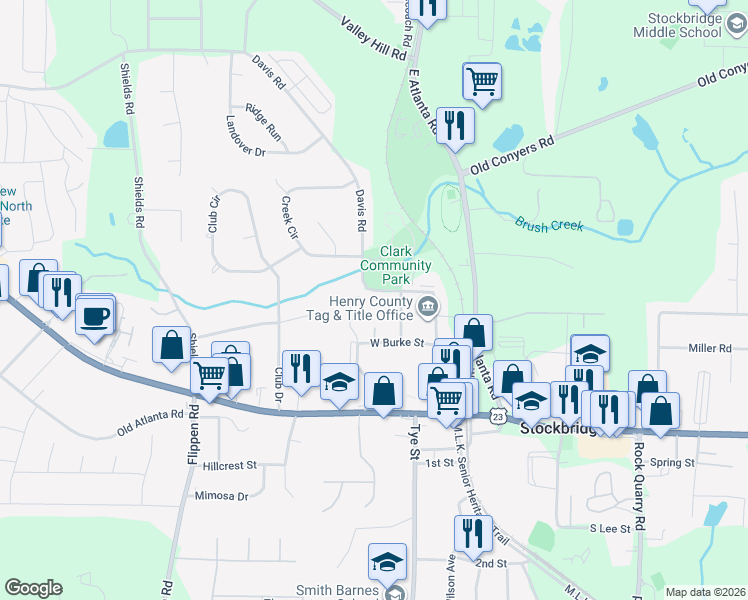 map of restaurants, bars, coffee shops, grocery stores, and more near 145 Turning Point in Stockbridge