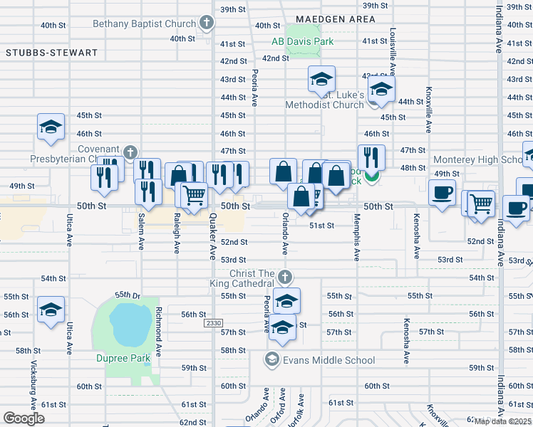 map of restaurants, bars, coffee shops, grocery stores, and more near 4214 50th Street in Lubbock