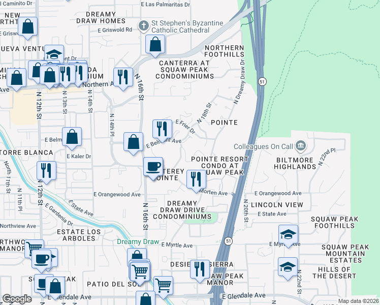 map of restaurants, bars, coffee shops, grocery stores, and more near 1732 East Belmont Avenue in Phoenix