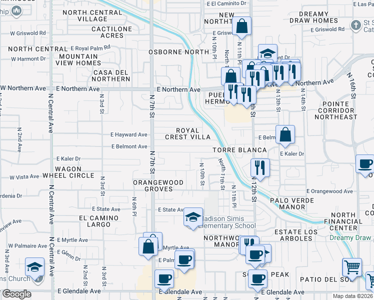 map of restaurants, bars, coffee shops, grocery stores, and more near 820 East Belmont Avenue in Phoenix