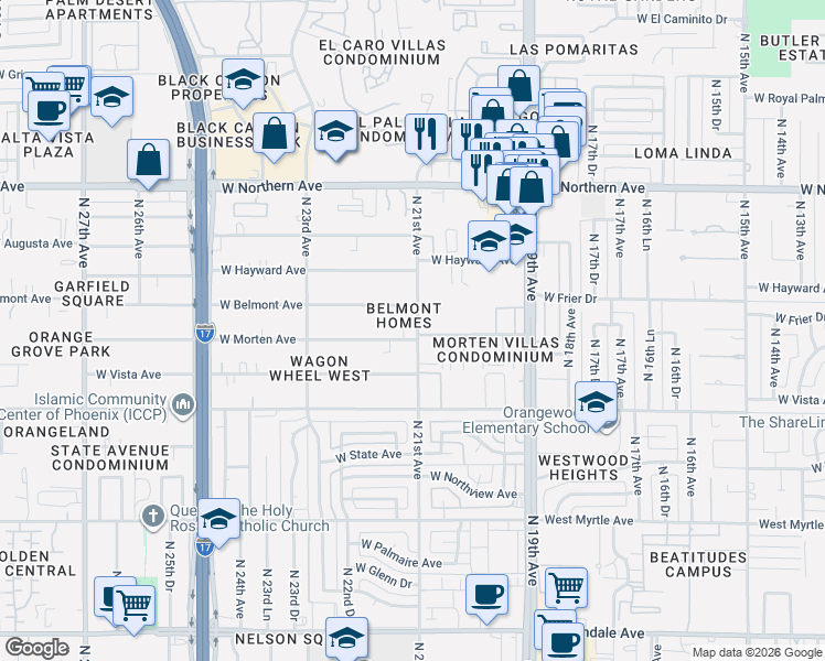 map of restaurants, bars, coffee shops, grocery stores, and more near 2103 West Belmont Avenue in Phoenix