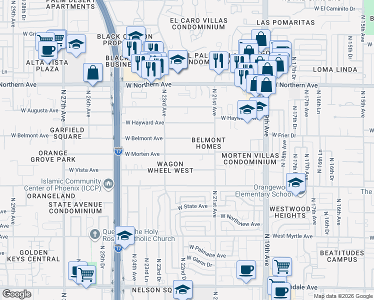 map of restaurants, bars, coffee shops, grocery stores, and more near 2225 West Belmont Avenue in Phoenix