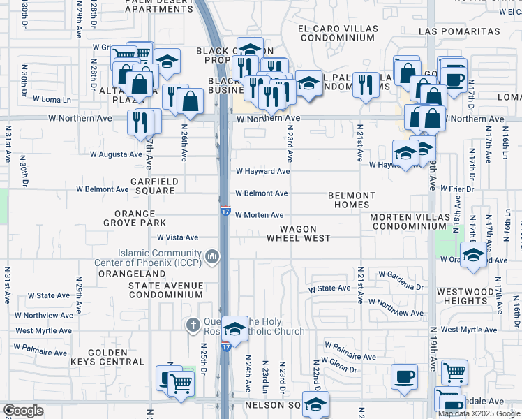 map of restaurants, bars, coffee shops, grocery stores, and more near 2345 West Belmont Avenue in Phoenix