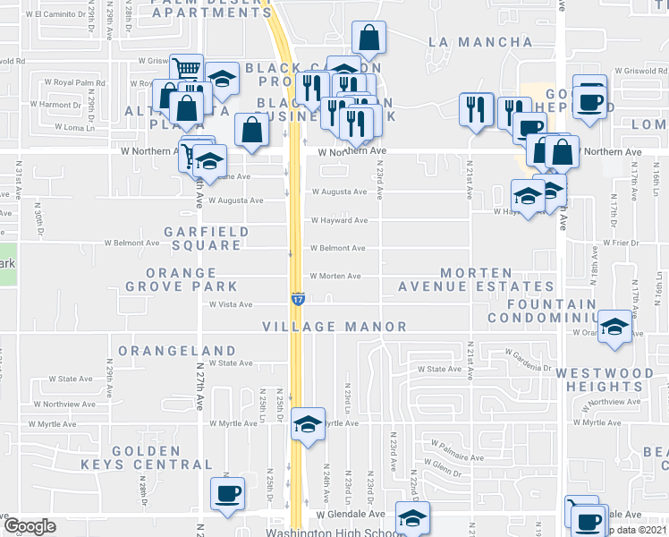 map of restaurants, bars, coffee shops, grocery stores, and more near 2345 West Belmont Avenue in Phoenix
