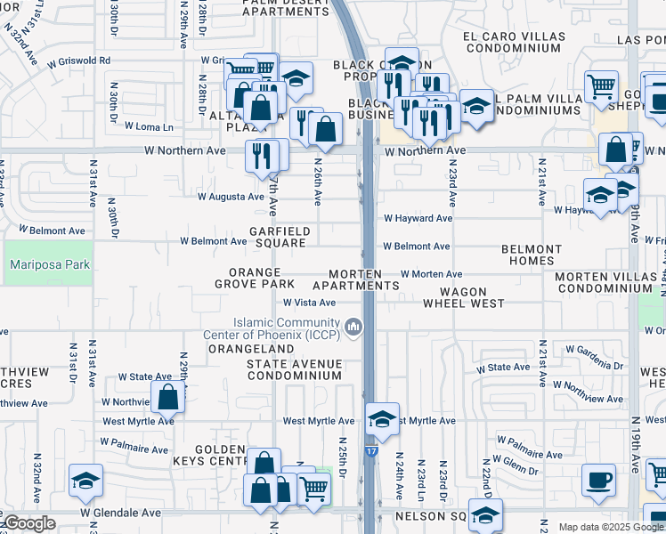 map of restaurants, bars, coffee shops, grocery stores, and more near 2541 West Belmont Avenue in Phoenix