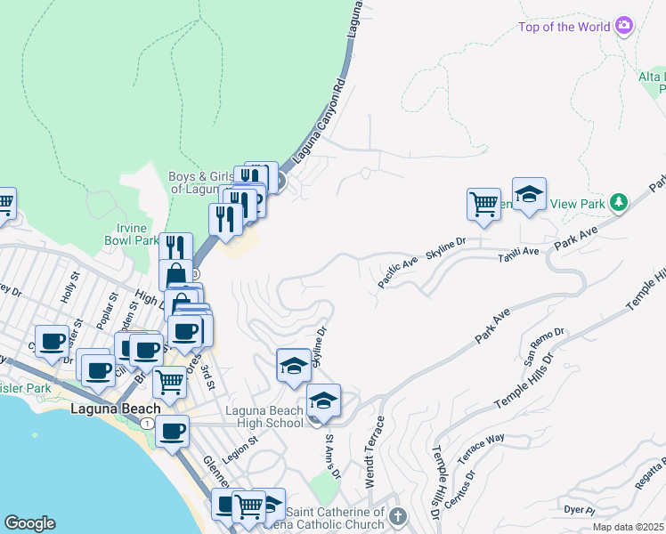 map of restaurants, bars, coffee shops, grocery stores, and more near 1345 Skyline Drive in Laguna Beach