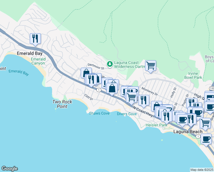 map of restaurants, bars, coffee shops, grocery stores, and more near 276 La Brea Street in Laguna Beach