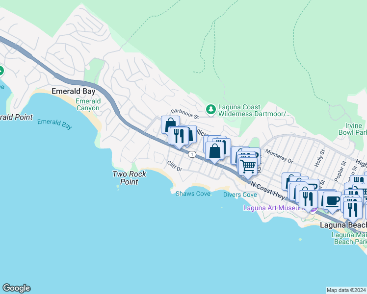 map of restaurants, bars, coffee shops, grocery stores, and more near 245 Cajon Street in Laguna Beach