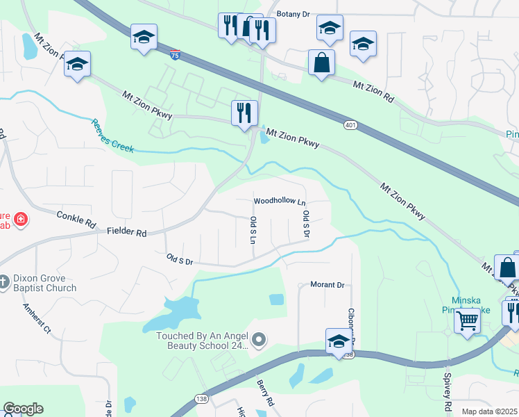 map of restaurants, bars, coffee shops, grocery stores, and more near 7536 Old South Lane in Jonesboro