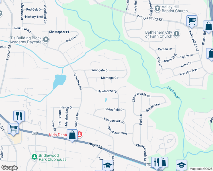 map of restaurants, bars, coffee shops, grocery stores, and more near 7530 Tamora Lane in Riverdale