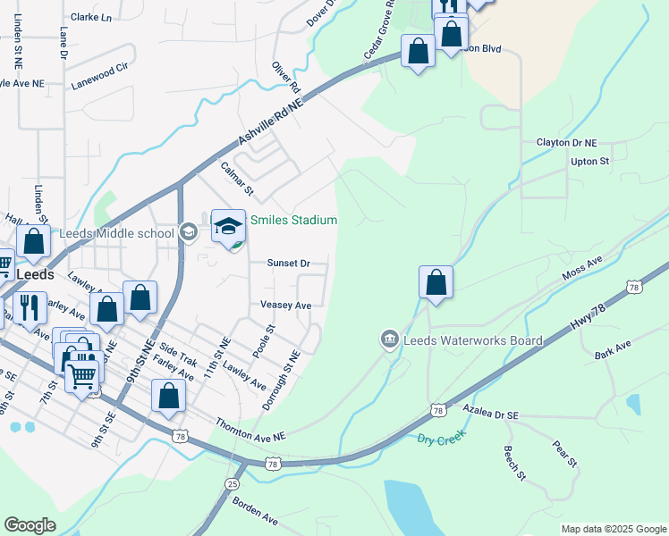 map of restaurants, bars, coffee shops, grocery stores, and more near 1721 Dorrough Street Northeast in Leeds