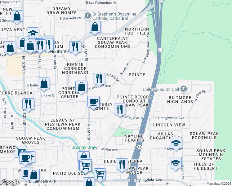 map of restaurants, bars, coffee shops, grocery stores, and more near 7649 North 18th Street in Phoenix
