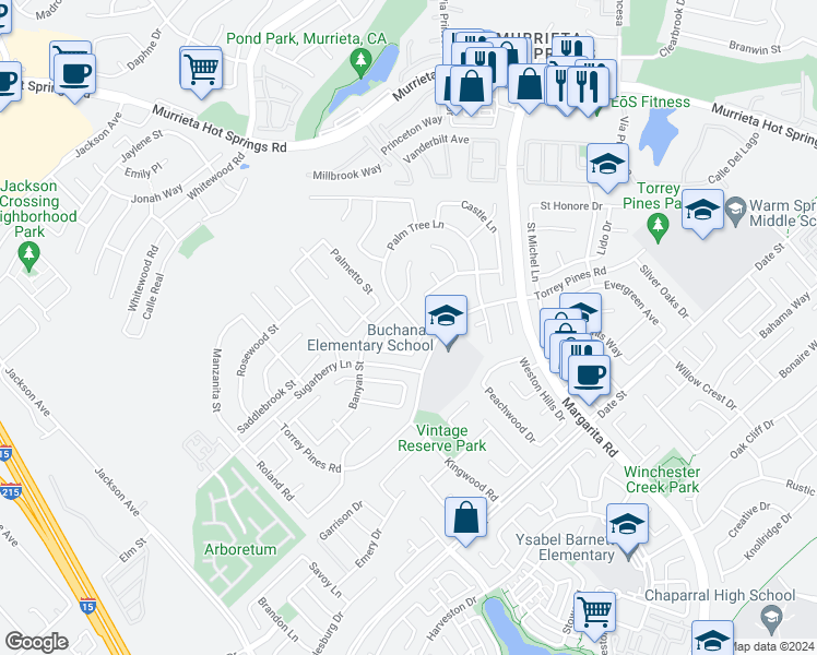map of restaurants, bars, coffee shops, grocery stores, and more near 26409 Palm Tree Lane in Murrieta