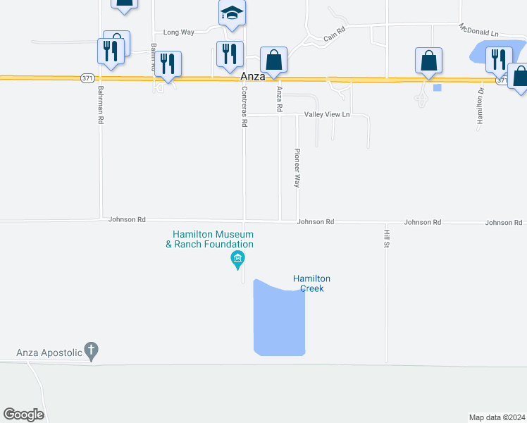 map of restaurants, bars, coffee shops, grocery stores, and more near 56600 Johnson Road in Anza