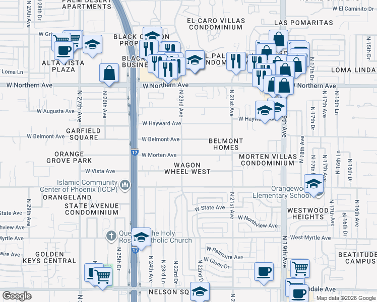 map of restaurants, bars, coffee shops, grocery stores, and more near 2225 West Belmont Avenue in Phoenix
