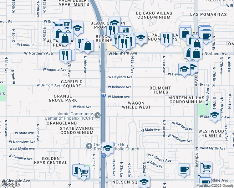 map of restaurants, bars, coffee shops, grocery stores, and more near 2345 West Belmont Avenue in Phoenix