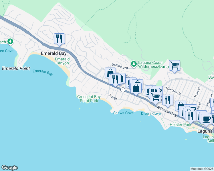 map of restaurants, bars, coffee shops, grocery stores, and more near 1369 North Coast Highway in Laguna Beach