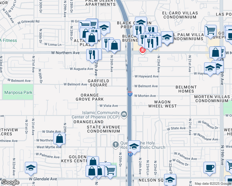 map of restaurants, bars, coffee shops, grocery stores, and more near 2541 West Belmont Avenue in Phoenix