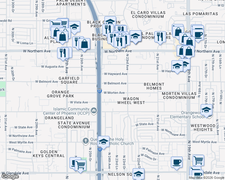 map of restaurants, bars, coffee shops, grocery stores, and more near 2345 West Belmont Avenue in Phoenix