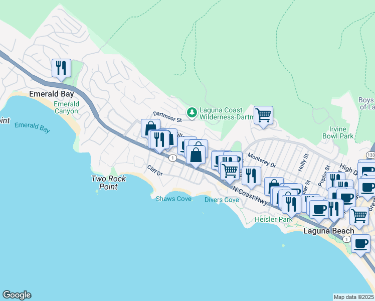 map of restaurants, bars, coffee shops, grocery stores, and more near 246 Fairview Street in Laguna Beach