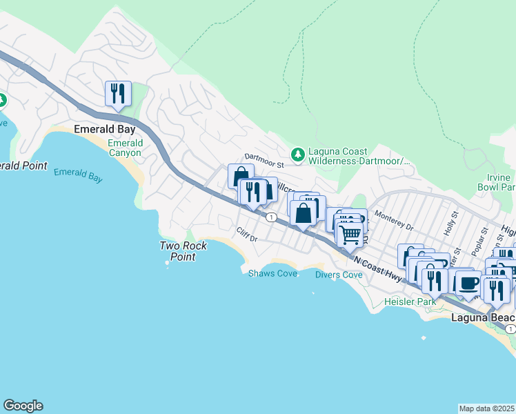 map of restaurants, bars, coffee shops, grocery stores, and more near 1220 North Coast Highway in Laguna Beach