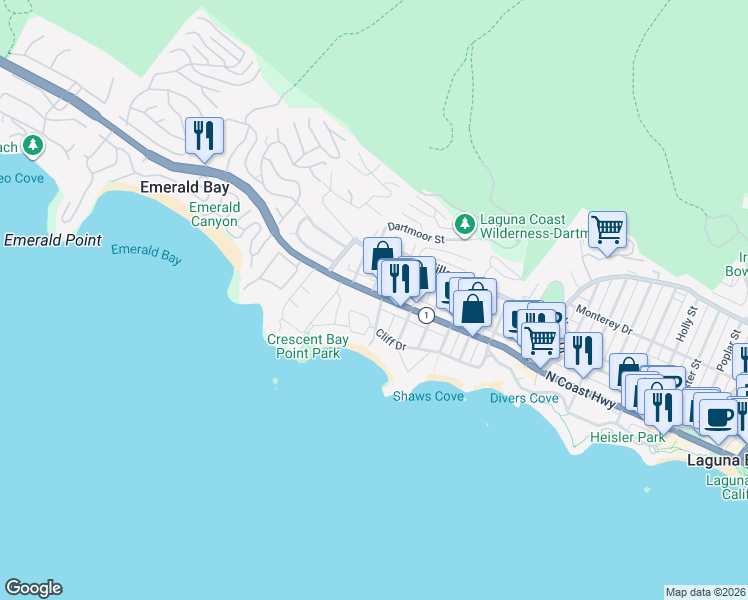 map of restaurants, bars, coffee shops, grocery stores, and more near 1369 North Coast Highway in Laguna Beach