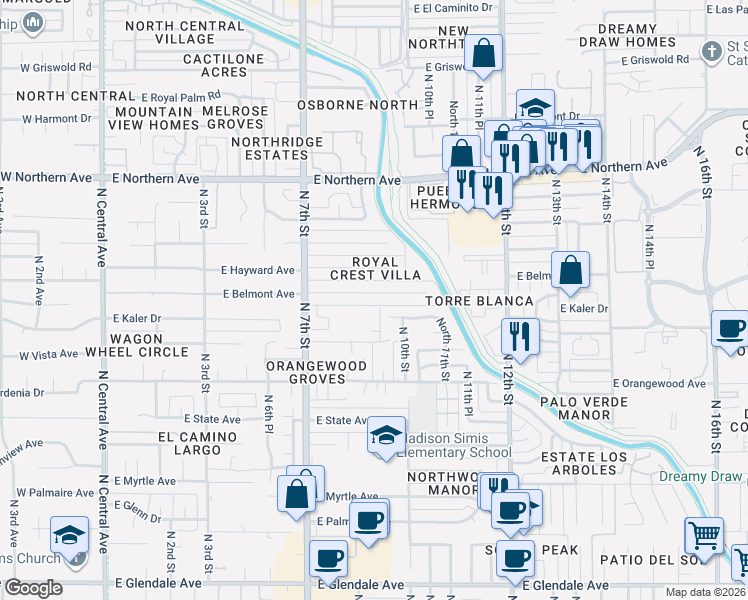 map of restaurants, bars, coffee shops, grocery stores, and more near 820 East Belmont Avenue in Phoenix
