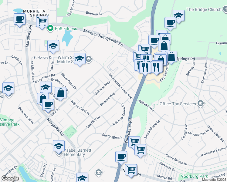 map of restaurants, bars, coffee shops, grocery stores, and more near 39420 Bonaire Way in Murrieta