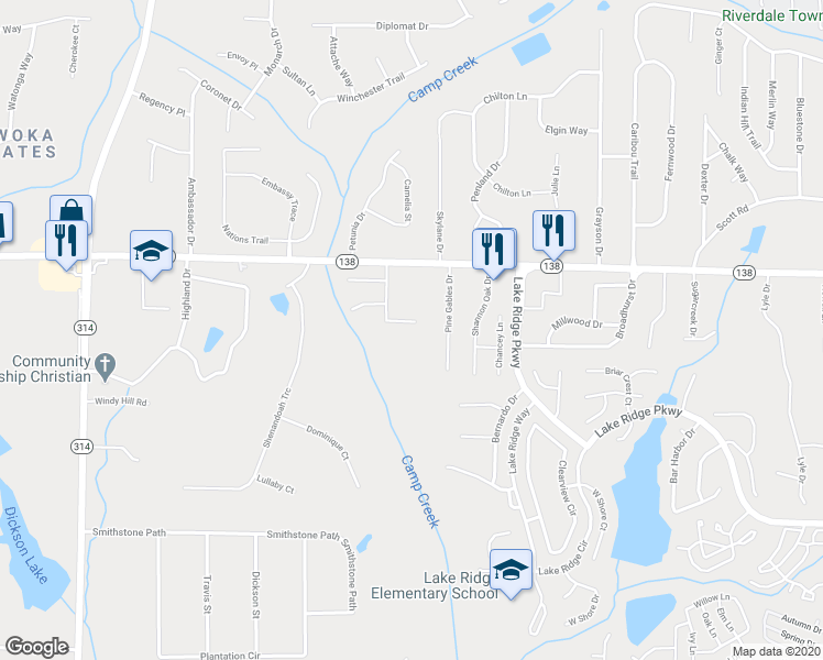 map of restaurants, bars, coffee shops, grocery stores, and more near 7683 Creekside Lane in Riverdale
