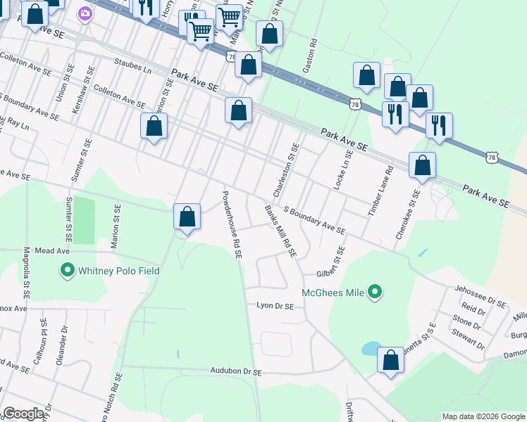 map of restaurants, bars, coffee shops, grocery stores, and more near 1309 South Boundary Avenue Southeast in Aiken