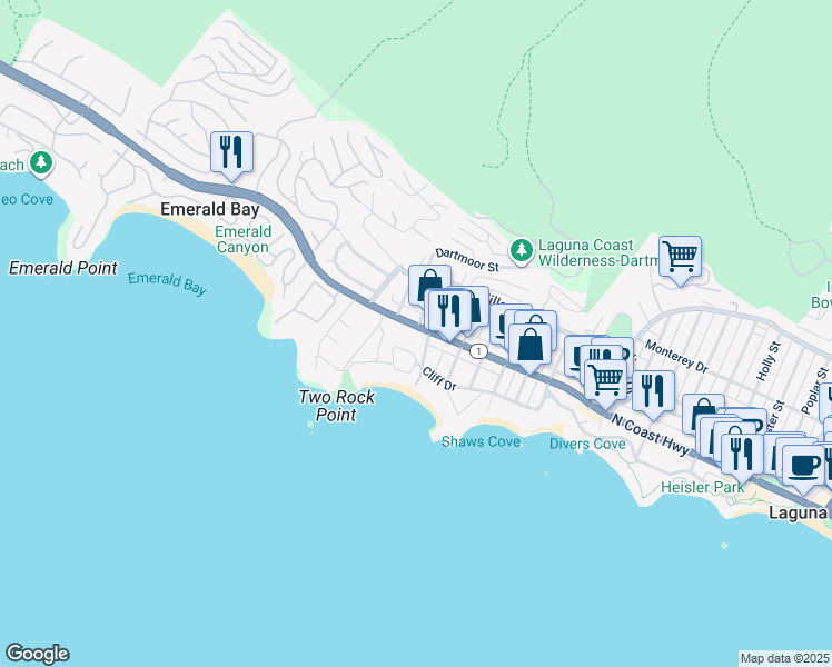 map of restaurants, bars, coffee shops, grocery stores, and more near 1373 North Coast Highway in Laguna Beach