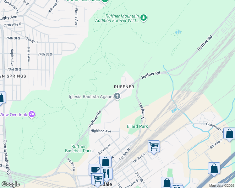 map of restaurants, bars, coffee shops, grocery stores, and more near 620 Ruffner Road in Irondale