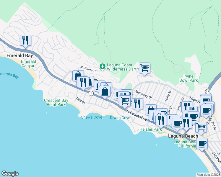 map of restaurants, bars, coffee shops, grocery stores, and more near 289 Wave Street in Laguna Beach
