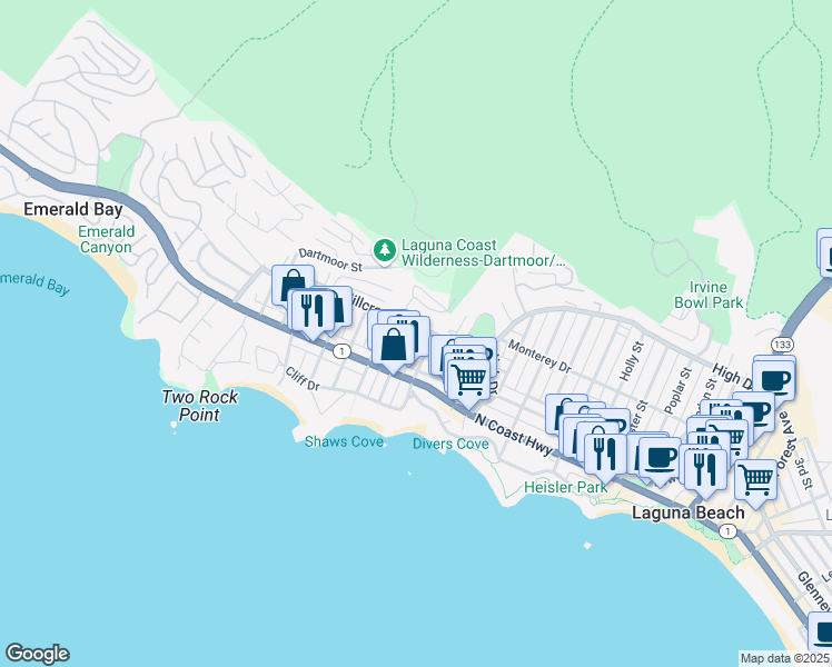 map of restaurants, bars, coffee shops, grocery stores, and more near 289 Wave Street in Laguna Beach