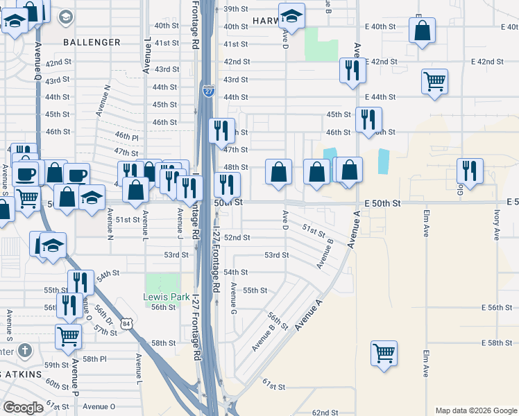 map of restaurants, bars, coffee shops, grocery stores, and more near 508 50th St in Lubbock