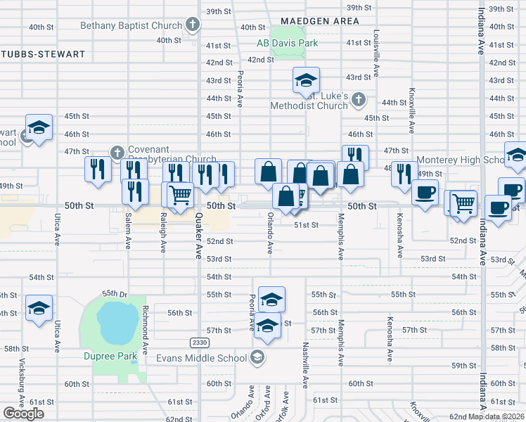 map of restaurants, bars, coffee shops, grocery stores, and more near 3991 50th Street in Lubbock