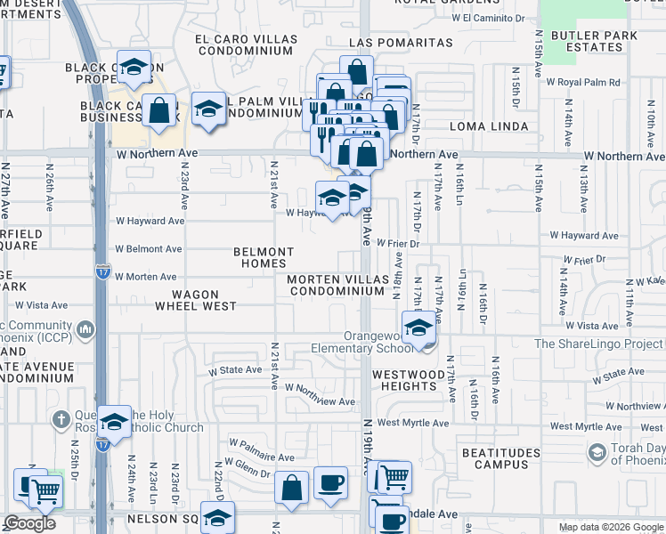 map of restaurants, bars, coffee shops, grocery stores, and more near 1942 West Morten Avenue in Phoenix