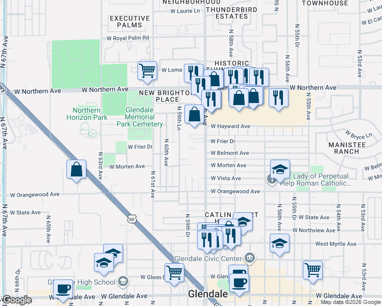 map of restaurants, bars, coffee shops, grocery stores, and more near 7712 North 59th Lane in Glendale