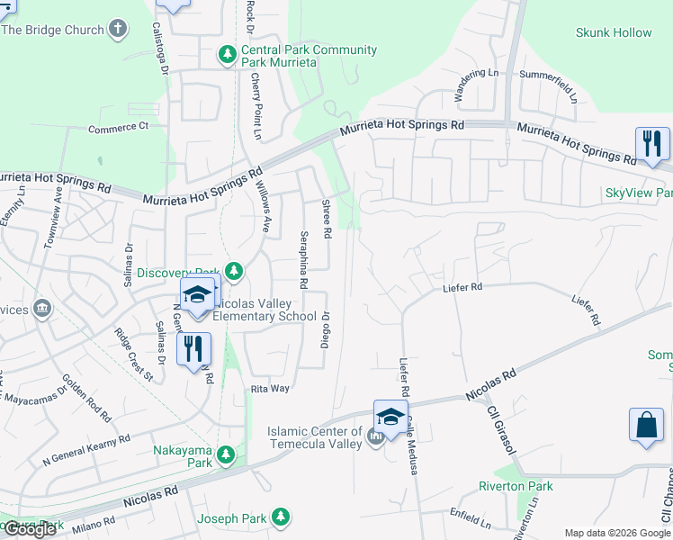 map of restaurants, bars, coffee shops, grocery stores, and more near 39366 Shree Road in Temecula