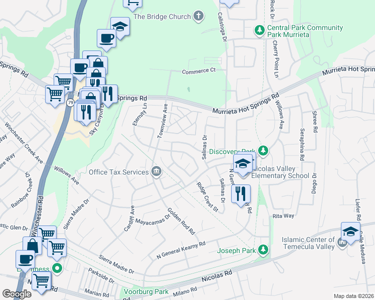 map of restaurants, bars, coffee shops, grocery stores, and more near 30324 Stargazer Way in Murrieta