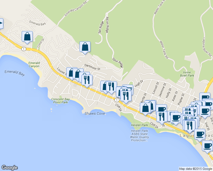 map of restaurants, bars, coffee shops, grocery stores, and more near 950 Hillcrest Drive in Laguna Beach