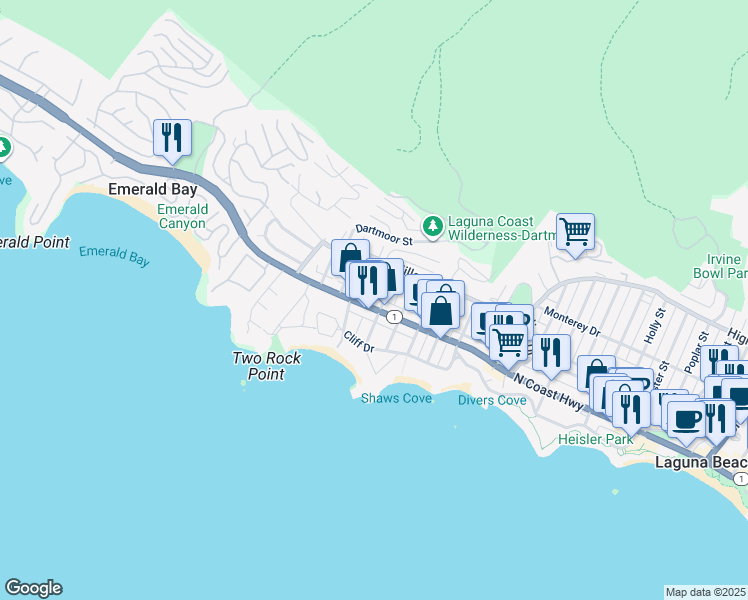 map of restaurants, bars, coffee shops, grocery stores, and more near 245 Cajon Street in Laguna Beach