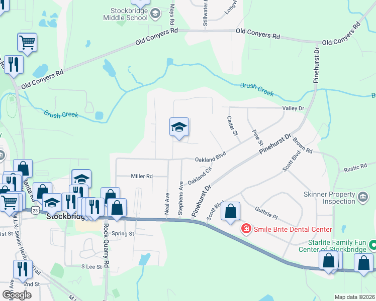 map of restaurants, bars, coffee shops, grocery stores, and more near 100 Sweetbriar Court in Stockbridge