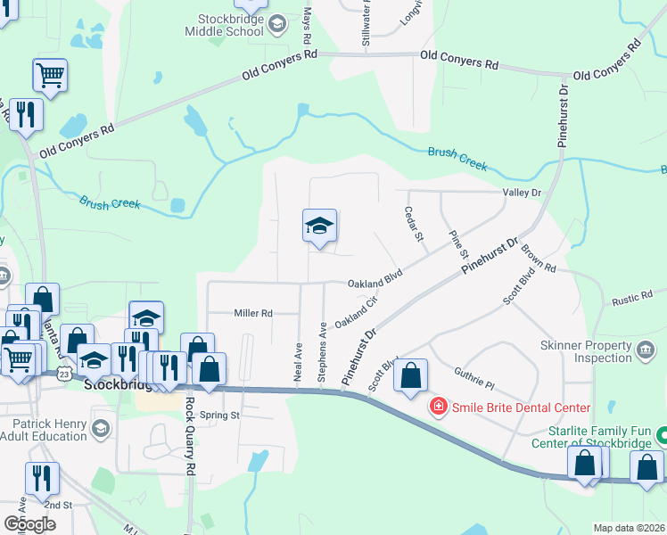 map of restaurants, bars, coffee shops, grocery stores, and more near 100 Sweetbriar Court in Stockbridge