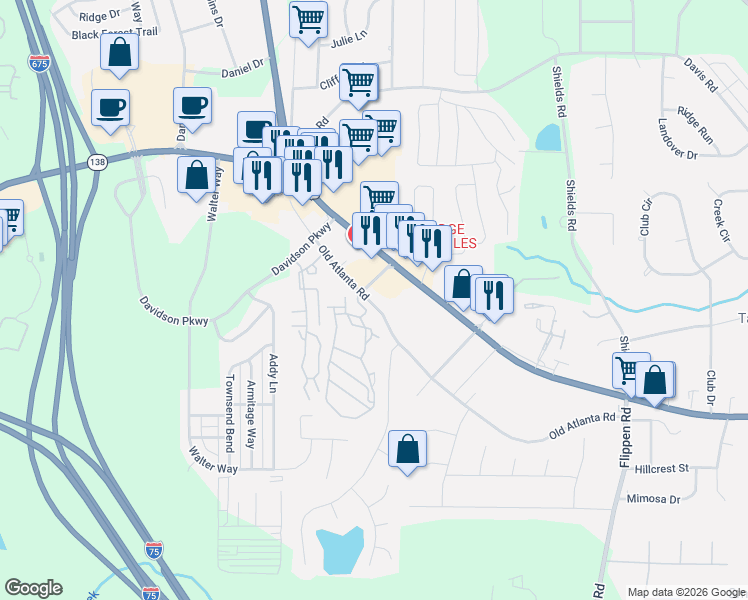 map of restaurants, bars, coffee shops, grocery stores, and more near 156 Old Atlanta Road in Stockbridge