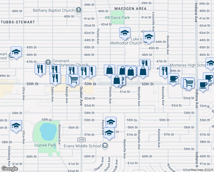 map of restaurants, bars, coffee shops, grocery stores, and more near 3991 50th Street in Lubbock